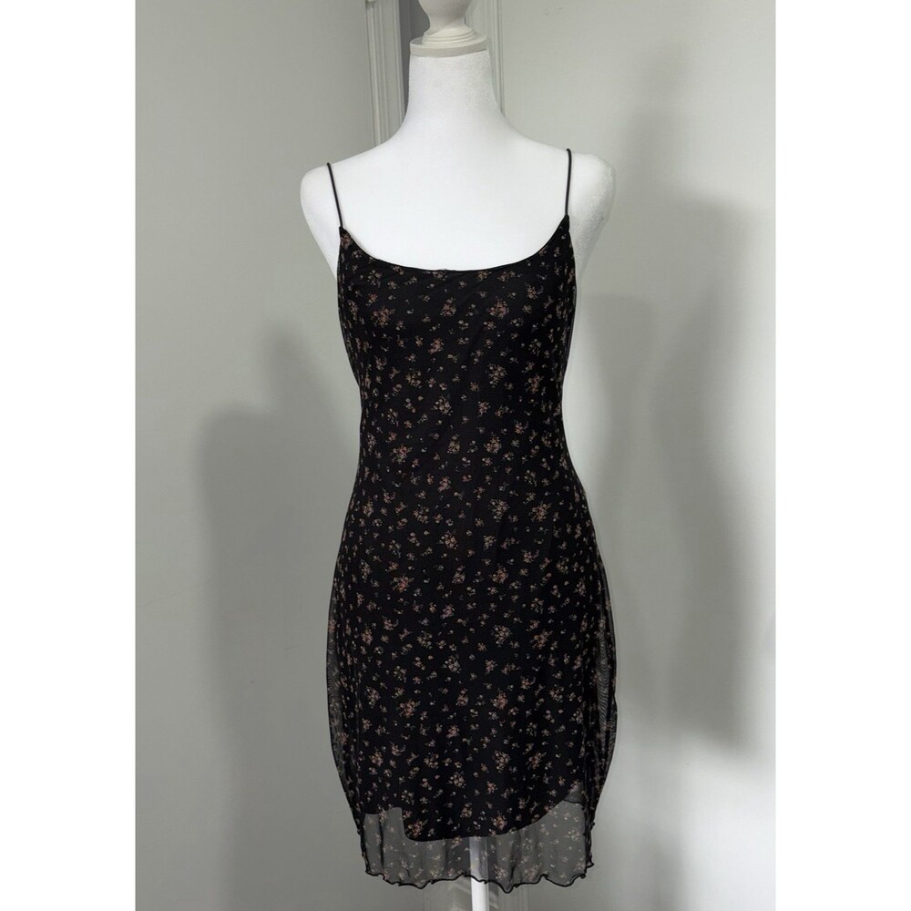 Vintage Y2K Ditsy Floral Mesh Overlay Slip Dress Lettuce Hem Grunge 90s Mini